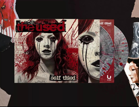 THE USED - SELF-TITLED ULTRA CLEAR BLACK SMOKE W/ BLOOD RED SPLATTER LP IN HAND