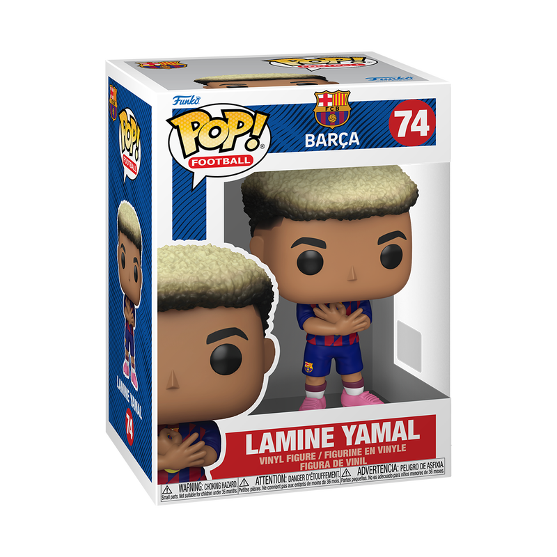 Funko Pop! vinyl figure packaging with Lamine Yamal, featuring Barcelona logo and number 74.