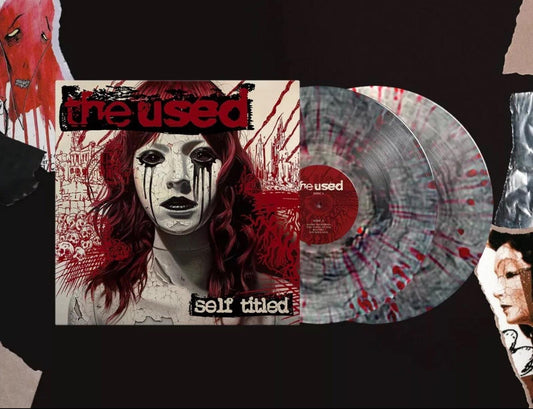 THE USED - SELF-TITLED ULTRA CLEAR  BLACK SMOKE W/ BLOOD RED SPLATTER LP IN HAND