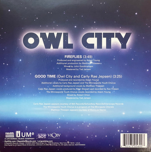 Owl City : Fireflies/Good Time (7", Single, Ltd, Blu)