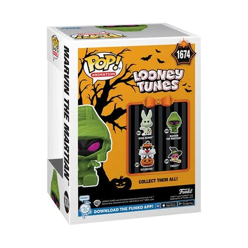 ¡Looney Tunes Halloween Marvin el marciano Funko Pop que brilla en la oscuridad! Figura de vinilo n.° 1674 - Exclusivo de Entertainment Earth