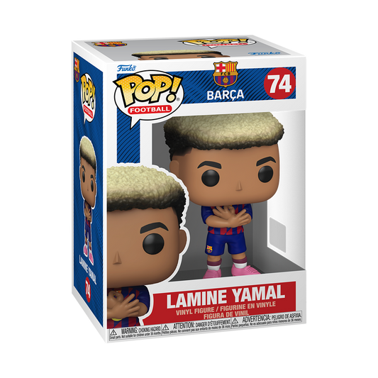 Funko Pop! vinyl figure packaging with Lamine Yamal, featuring Barcelona logo and number 74.